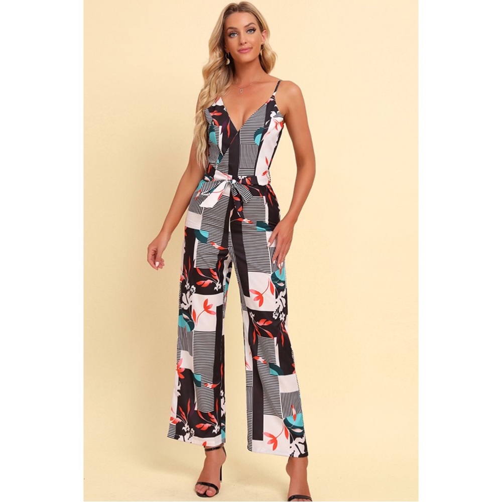 NWT Printed Spaghetti Strap Tied Jumpsuit
